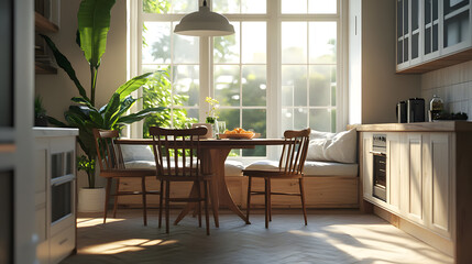 Obraz premium Minimalist dining area beside a kitchen counter with abundant sunlight.