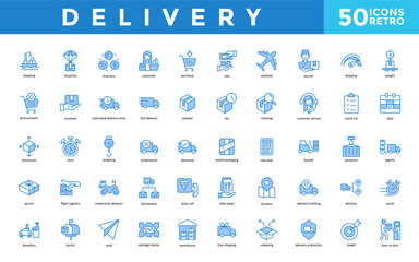 Delivery icon set with shipping, dropship, business, customer, purchase, cod, airplane, courier, weight, procurement icon. Simple retro vector 
