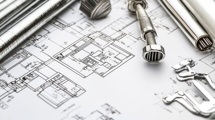 Plumbing pipes and blueprints for home installation