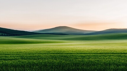 Obraz premium A serene landscape featuring rolling green hills under a soft, pastel sky at dawn, evoking tranquility and natural beauty.