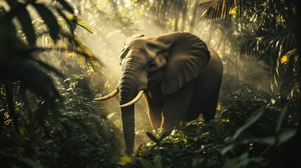 A close-up view of an African forest elephant stepping gently through a thick carpet of leaves, the forest alive with light and shadows.