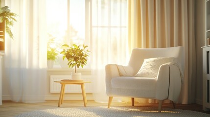 Sunlit Living Room Featuring Comfortable Armchair and Plants