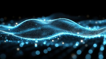 A minimalist abstract design featuring neon blue waves over a deep navy background, glowing with a soft gradient effect