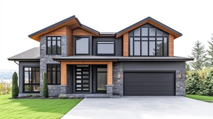A contemporary home design with gray and wooden accents, large vertical windows, and a driveway to the right, isolated on a bright white background, 4K render