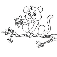 Cute cartoon hand drawn vector monkey sitting on tree branch and eating banana coloring page.