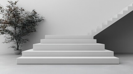 Modern minimalist staircase design with a potted plant, emphasizing clean lines and spaciousness