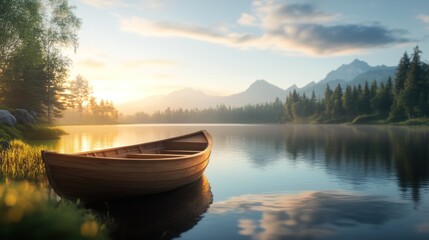 Wooden Rowboat Docked at Sunrise Lakeside Mountains
