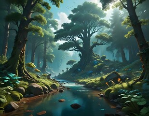 Una exuberante jungla tropical con follaje vibrante, atmósfera brumosa, vida salvaje exótica y paisajes tranquilos.