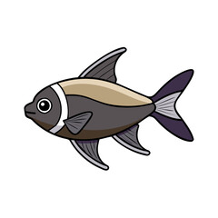 Cartoon illustration of a black and beige fish, Vector cartoon illustration of a fish with a black and beige body, white stripe detail, and dark fins, featuring a sleek and minimalist aquatic design. 
