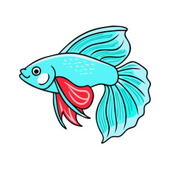 Cartoon illustration of a colorful betta fish, Vector cartoon illustration of a vibrant betta fish with a bright blue body, flowing fins, and striking red accents, featuring an elegant design.  

