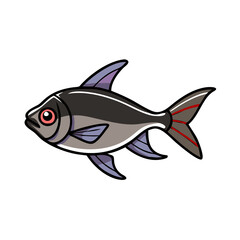 Cartoon illustration of a black and gray fish, Vector cartoon illustration of a fish with a black and gray body, purple fins, red eye detail, and a sleek aquatic design.  
