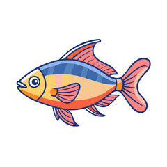 Fototapeta premium Cartoon illustration of a colorful tropical fish, Vector cartoon illustration of a tropical fish with blue, yellow, and pink stripes, accented by red fins, featuring a vibrant aquatic design. 