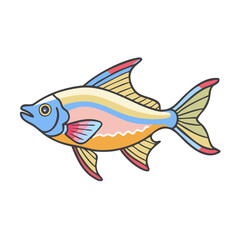 Cartoon illustration of a vibrant multicolored fish, Vector cartoon illustration of a fish with blue, yellow, and pink hues, accented by red fins, featuring a playful and colorful aquatic design.  
