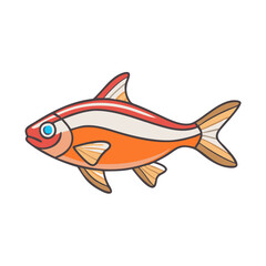 Cartoon illustration of an orange striped fish, Vector cartoon illustration of a fish with bright orange and white stripes, beige fins, and a playful aquatic design showcasing vibrant colors.  
