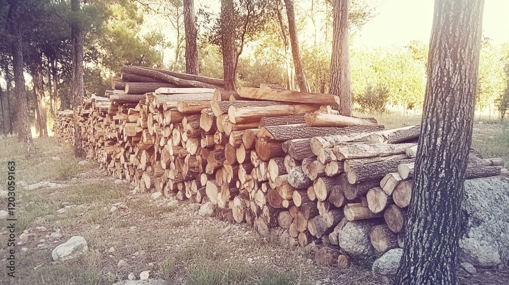 Poster Stacked Logs Resting Against Forest Trees
