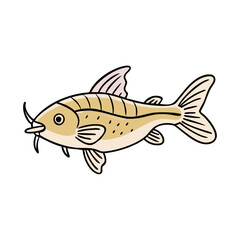 Cartoon illustration of a golden catfish, Vector illustration of a catfish in golden tones with simple cartoon design, featuring fins, whiskers, and aquatic details.  
