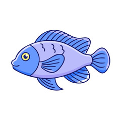 Cartoon fish with purple body and yellow eye, A cartoon fish featuring a purple body, a bright blue head, and a yellow eye, ideal for aquatic-themed illustrations and creative designs.  
