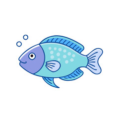 Cartoon fish with light blue body and bubbles, A cartoon fish featuring a light blue body with white spots, a purple head, and playful bubbles, perfect for aquatic-themed projects.  
