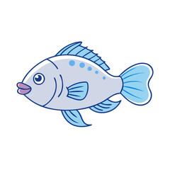 Cartoon fish with light blue body and dotted pattern, A cartoon fish featuring a light blue body with small blue dots, expressive fins, and a playful design, ideal for aquatic-themed projects and illu