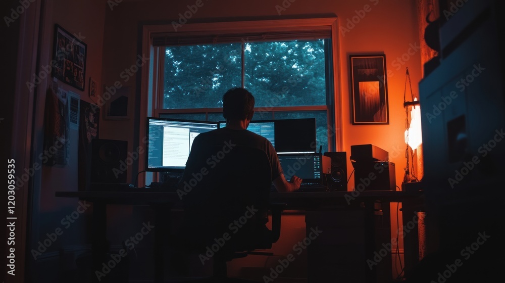 Poster Programmer Working Late Night On Multiple Monitors