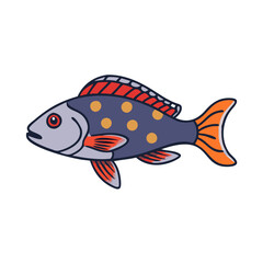 Cartoon fish with dark body and orange spots, A cartoon fish featuring a dark blue-gray body with orange spots, red fins, and an orange tail, perfect for aquatic-themed illustrations.  
