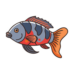 Cartoon fish with bold stripes and orange tail, A cartoon fish featuring a blue-gray body with bold black stripes, red accents, and an orange tail, perfect for aquatic-themed designs.  
