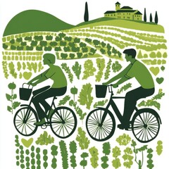 Naklejka premium Two cyclists ride through a vibrant green landscape of fields and hills.