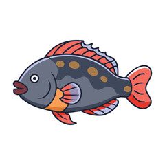 Cartoon fish with dark body and red fins, A cartoon fish featuring a dark gray body with orange spots, vibrant red fins, and playful details, ideal for aquatic-themed illustrations.  
