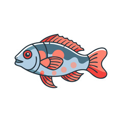 Cartoon fish with red spots and fins, A colorful cartoon fish featuring a blue-gray body with red spots, vibrant red fins, and a playful design, ideal for aquatic projects.  

