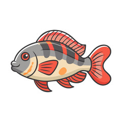 Cartoon fish with red and black stripes, A colorful cartoon fish featuring a cream body with red and black stripes, vibrant red fins, and a playful design, perfect for projects.  

