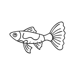 Black and white fish with large tail, A simple black and white line drawing of a fish with a large, flowing tail, perfect for coloring or educational materials.  
