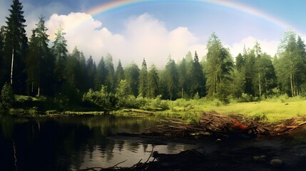 Obraz premium Vibrant Rainbow Arched Over a Tranquil Forest Clearing Captured in the Aftermath of a Rainstorm