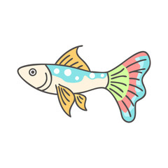 Colorful cartoon fish with spotted tail, A playful cartoon fish with a colorful, patterned tail, blue body, and yellow fins, ideal for aquatic-themed creative projects.  
