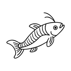 Black and white fish with stripes, A black and white line drawing of a fish featuring stripes and whiskers, perfect for coloring pages or educational projects.  

