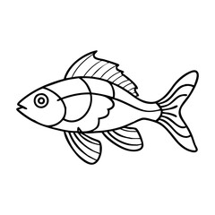 Black and white fish illustration for coloring, A simple black and white line drawing of a fish, ideal for coloring pages, educational activities, or creative projects.  
