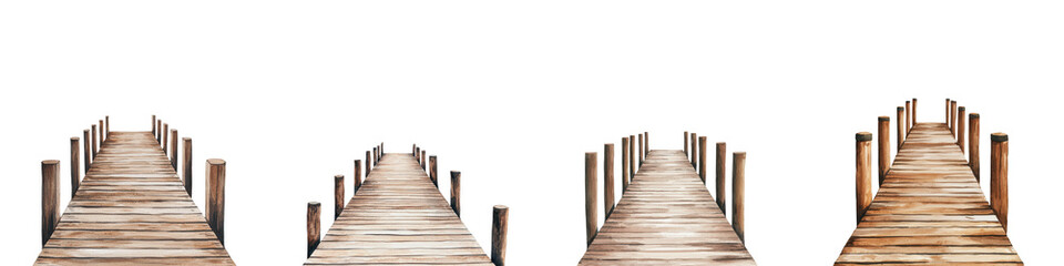 Fototapeta premium Empty and abandoned wooden pier or dock extending over a still tranquil water body such as a lake river or ocean surrounded by a serene natural landscape of trees greenery
