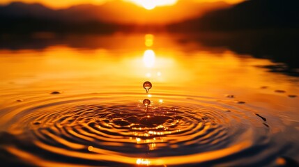 Golden Sunset Water Drop Ripples Reflection