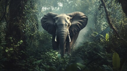 A dramatic shot of an African forest elephant pushing through thick vegetation, vines and leaves parting as it moves forward