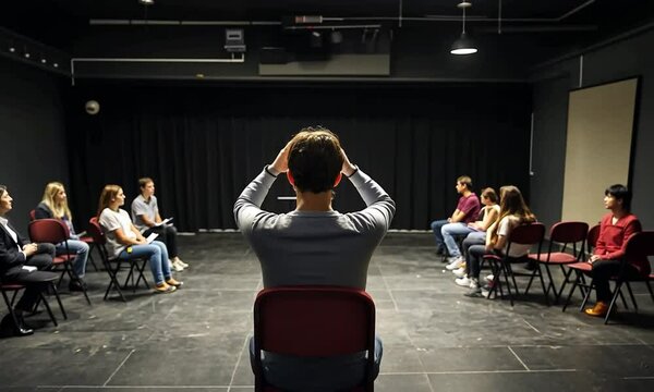 Group therapy session in a dimly lit room, focusing on participant sharing, with attentive listeners in the background - Powered by Adobe