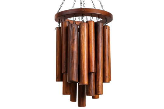 Wooden wind chimes hanging in a sunny garden showcasing beautiful craftsmanship and warm tones