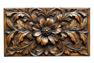 Intricately carved wooden panel featuring floral design with ornate leaves and a central blossom