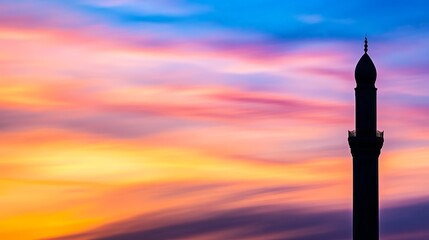 Silhouette of a mosque minaret against a colorful sunset sky.