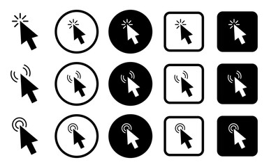 Cursor. Click icon. Clicking cursor or pointer icon. Arrow icons set and loading icons. Click mouse cursor icons. Vector illustration