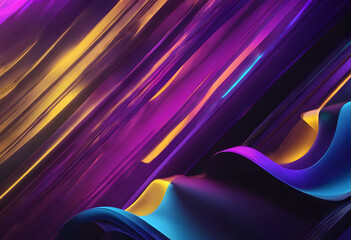 Abstract poster background design, vibrant texture purple yellow blue glowing shapes on black banner backdrop, copy space.