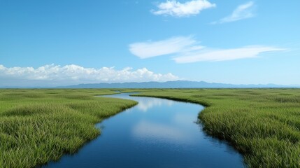 Fototapeta premium Serene Waterway Through Lush Grassland