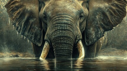 Fototapeta premium A front-facing portrait of an African forest elephant drinking from the Lekoli River, its tusks glinting in the natural light of Odzala-Kokoua National