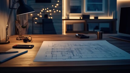 Desk Blueprint Nighttime Workspace Illumination Design
