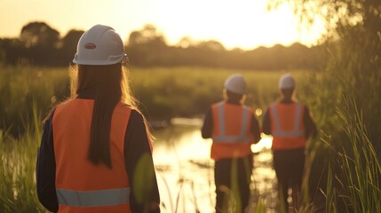 Woman Engineer Surveys Sunset Landscape With Team
