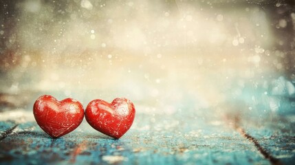 Fototapeta premium Two red hearts on rustic wood, sparkling background