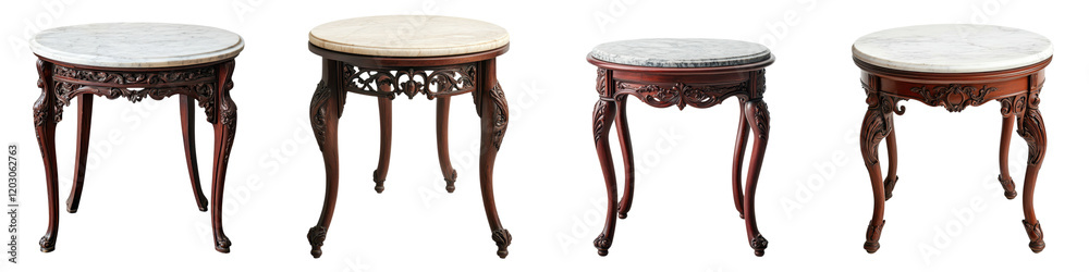 Wall mural Collection of Ornate Antique Wooden Tables with Intricate Carved Decorative Details in a Traditional Elegant and Luxury Furniture Design Style